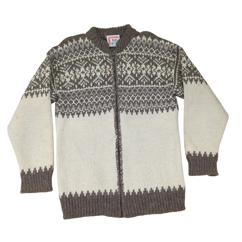 Vintage Rapaki‎ Mahana Pure Wool Cardigan Women's Medium NZ Brown Cream Knitwear